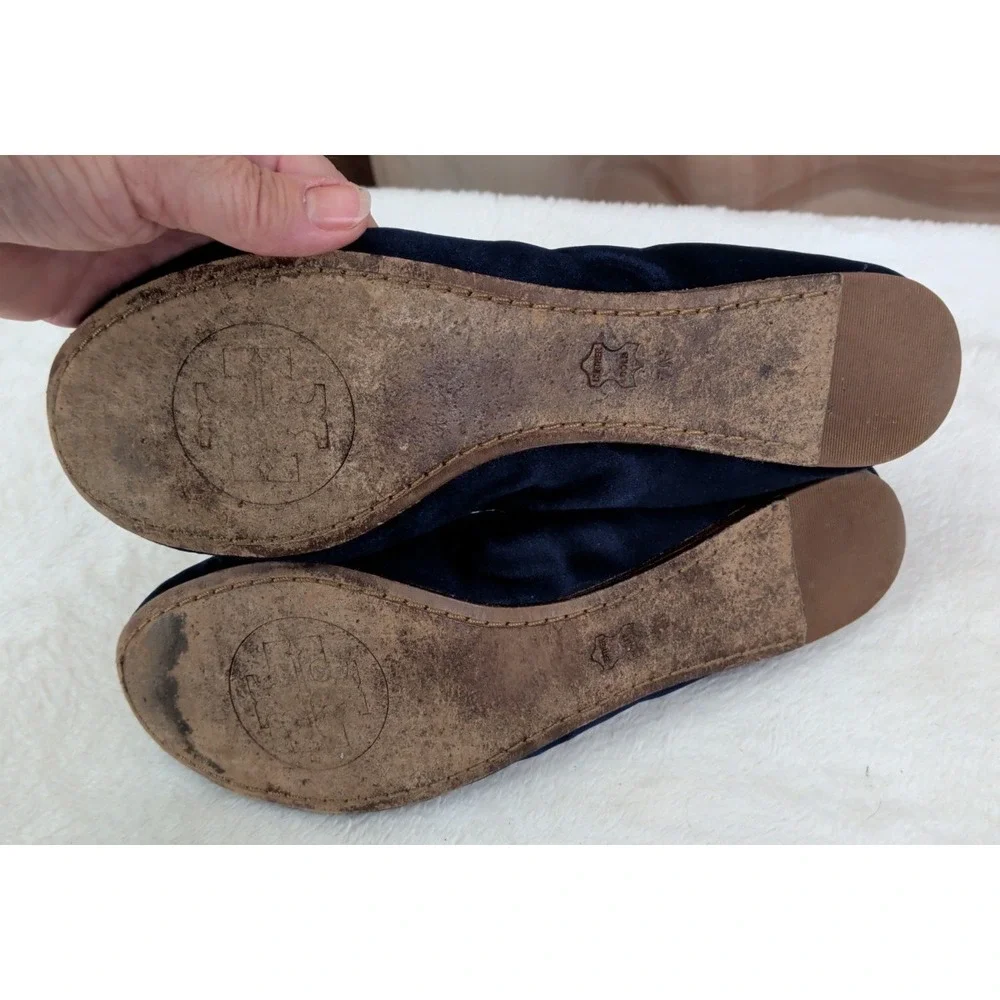 Tory Burch Navy Satin Ballet Flats Slip-On Crystal Logo Accent